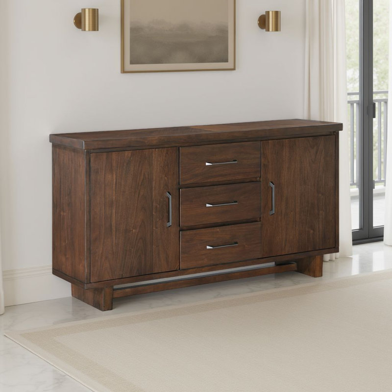 Buffet console Bloi, 60 pouces, 3 tiroirs et 2 armoires, brun