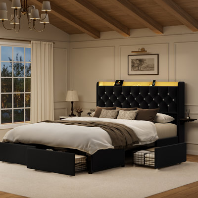 Coba Upholstered Modern Bed with 4 Storage Drawers, Storage Bed Frame with LED light & Charging Station, Velvet Tufted Headboard, No Box Spring Needed