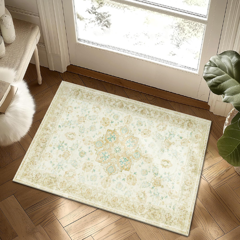 Vintage Floral Washable Area Rug, Rectangle 2' x 3', Green