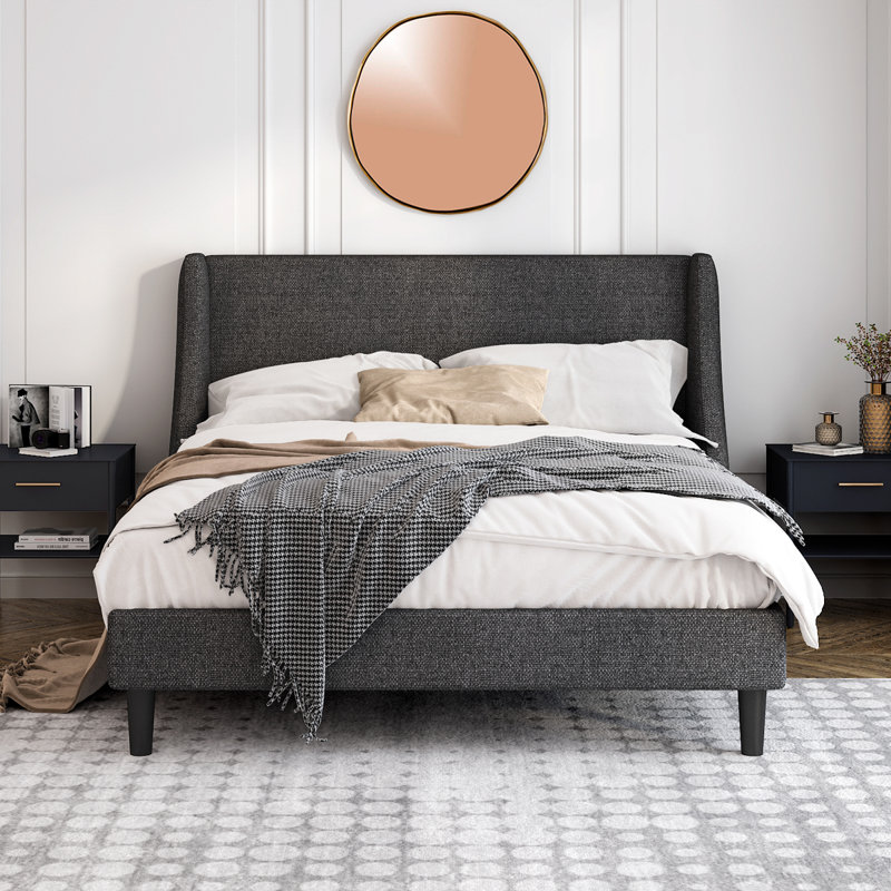 Lit plateforme tapissier Toderick avec aile de luxe et mélange de lin, Gris foncé, Double