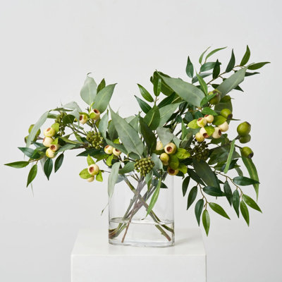 Arrangement illusoire d'eau illuminé avec des capsules de graines d'eucalyptus réalistes