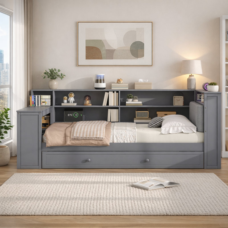 Lit de jour double avec lit gigogne et bureau, tête de lit tapissier, tablettes de rangement avec station de charge et DEL, contemporain
