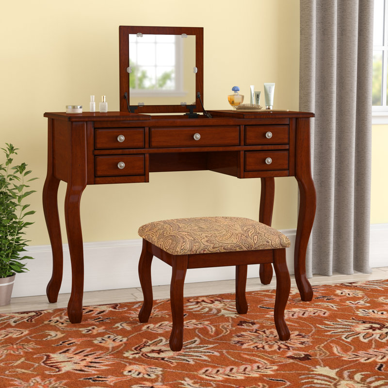 Daryel Vanity Set Featuring Stool and Flip-Up Mirror, Cherry