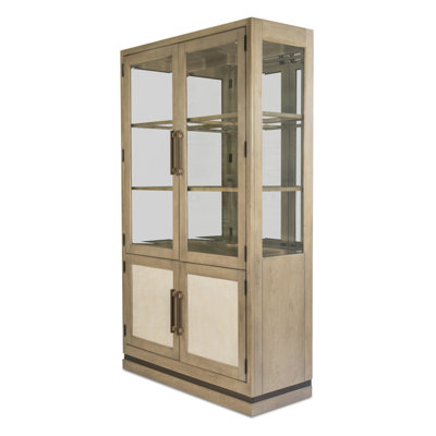 Sophisticated Curio Cabinet in Muted Earth Tones and Clay Finish with Beveled Tempered Glass, Mirrored Back, Reversible Panels, Adjustable Shelving, a