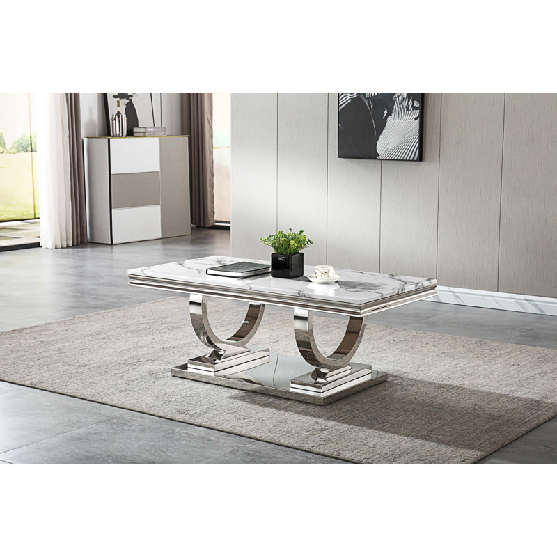 Table basse Coutee L 47 po avec base à double piédestal et plateau en marbre, Blanc, Argent