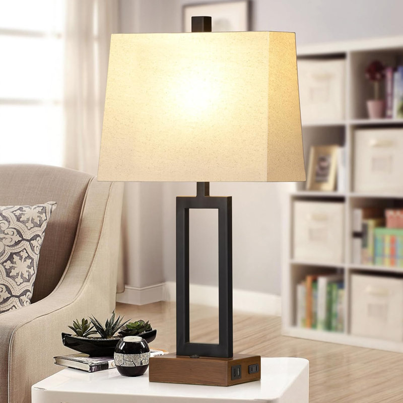23.5'' Black Metal Table Lamps with Linen Shades and USB Ports, Set of 2
