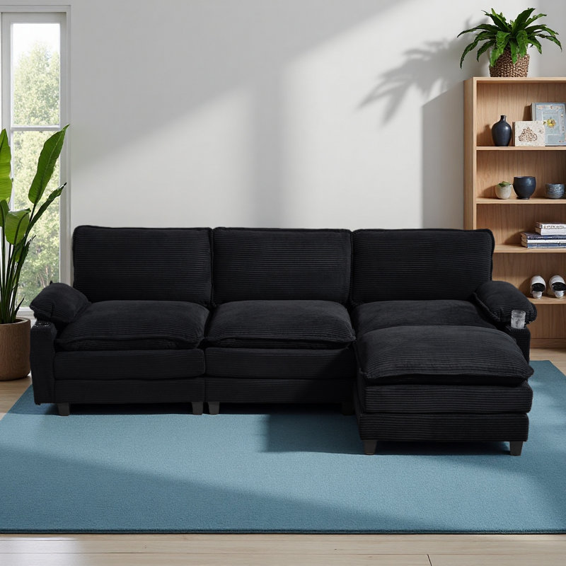 113" Modern 3+1 L-Shaped Corduroy Fabric Sofa,Modular Sectional Cloud Couch W/Ottoman,35D High-Resilience Sponge&Double-Layer Thick Cushion,Cup Holders,Storage Bags,Couches For Living Room,Apartment