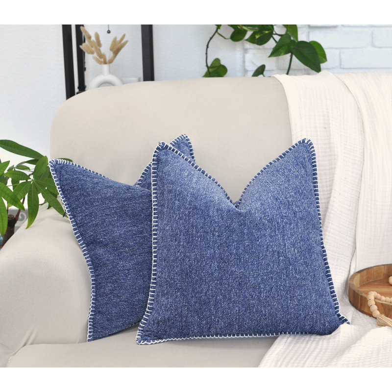 Navy Blue Chenille Square Throw Pillow Covers with Piped Edges, Set of 2