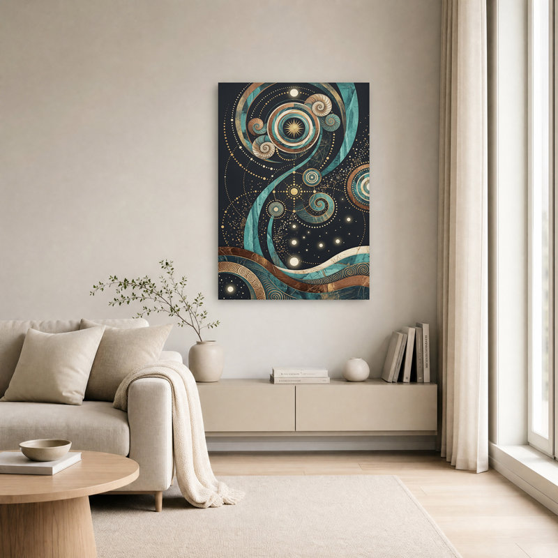 Tableau mural en toile spirale ammonite étoilée turquoise et or, H 30 po x l 20 po