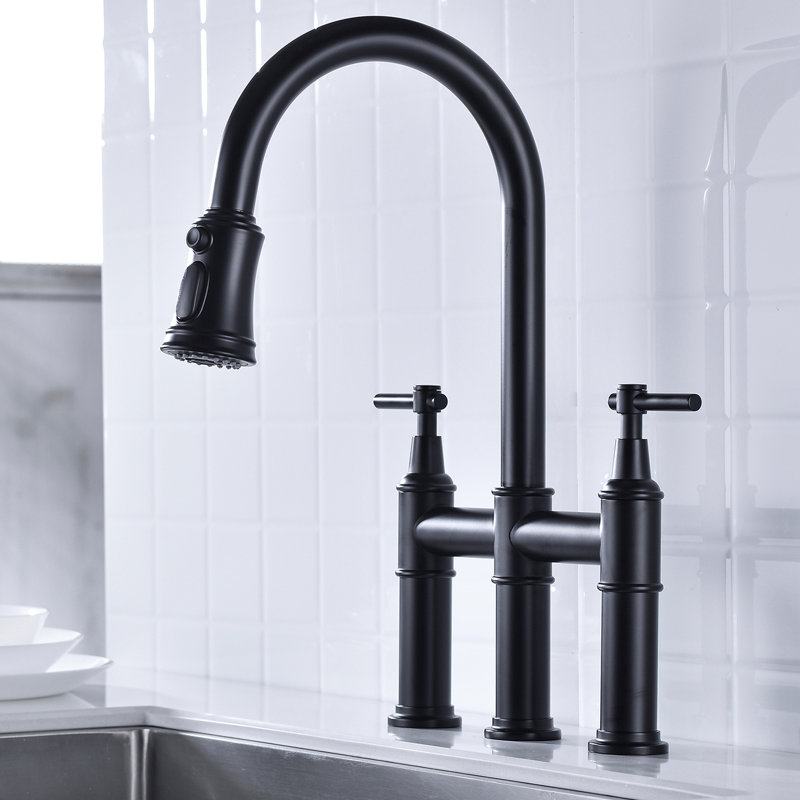Matte Black Kitchen Faucet With Pull-Down Feature - Dual Handles For Accurate Water Management 360-Degree Rotatable High Nozzle Enlarged Cleaning Zone Brass Build Reliability Bridge Functionality