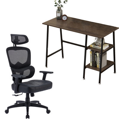 Home Office Desk And Chair Set Computer Desk W/Shelves With Ergonomic Mesh Height Adjustable Office Chair -  Vecelo, KHD-DC-CD01-BRN&KHD-OC18-BLK