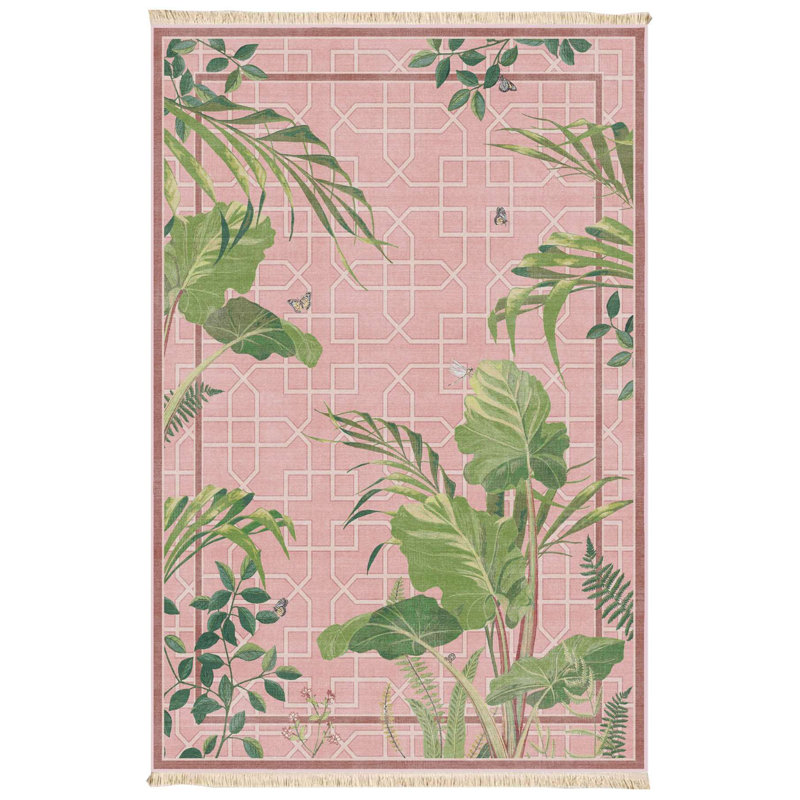 Pink Tropical Lattice & Leaf Print Area Rug