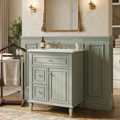 Petit meuble-lavabo moderne de 24 po avec lavabo en céramique, armoire en bois d'hévéa massif avec tiroir rabattable intelligent et 2 tiroirs latéraux, tablette réglable, vert autoportant