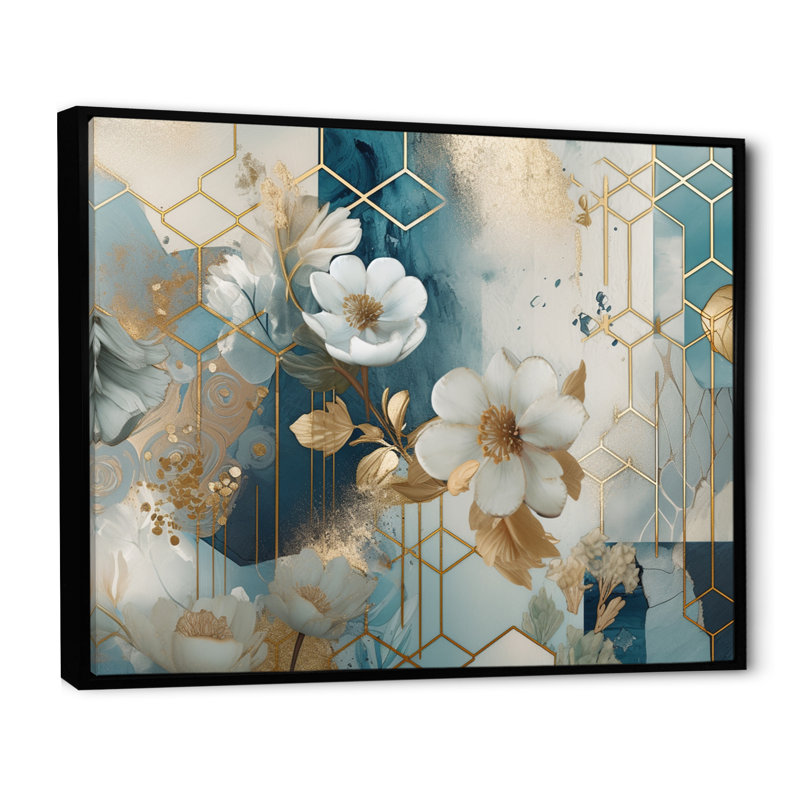 Marbre doré bleu, motif floral I - impression, H 30 po x l 40 po x P 1,5 po, Cadre flottant noir
