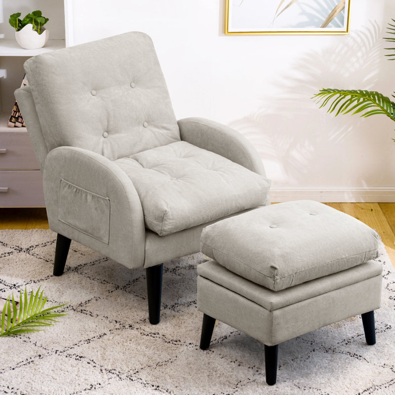 Elandra Upholstered Accent Chair and Ottoman, with 5 Level Adjustable Backrest, Light Gray Microfiber/Microsuede