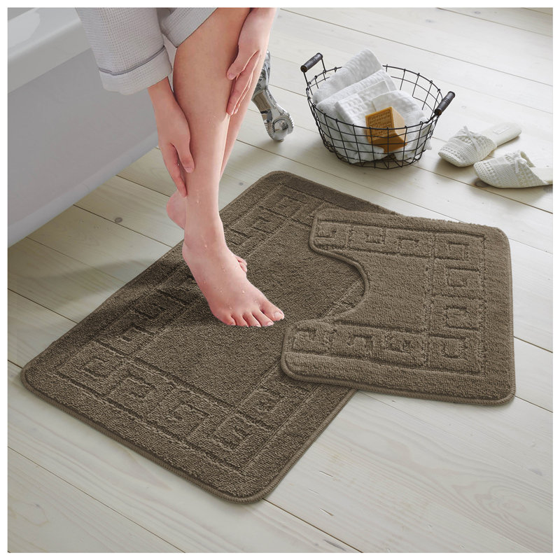 2 Piece Bathroom Rug Set Greek Key Pattern Bath Mat & Pedestal Mat Non Slip Rubber Back Soft Absorbent Mats, Mocha