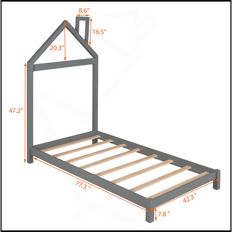Lit plateforme en bois avec tête de lit en forme de maison, Gris, Lit simple