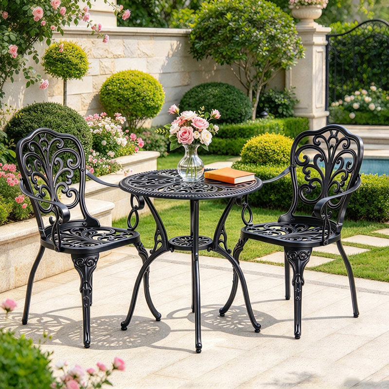 Round 2 - Outdoor Cast  Aluminum Bistro Set with Umbrella Hole,Outdoor Patio Bistro Sets,Black