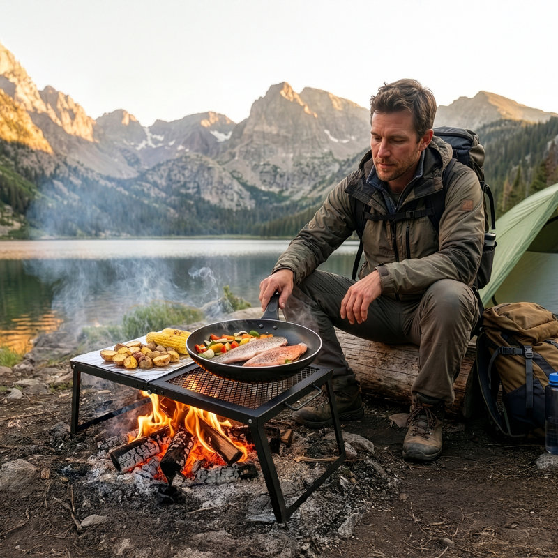 Grille de feu de camp pliante au-dessus d'un foyer de camping - Grille portative de 27 po x 12 po x 8,75 po en fer robuste avec pieds pliables, sac de rangement et gants résistants à la chaleur