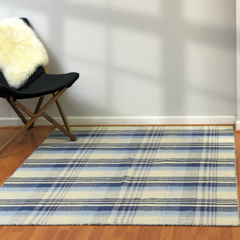Tapis beige / bleu en laine / coton tissé à la main Pickering, Rectangle 4 pi x 6 pi