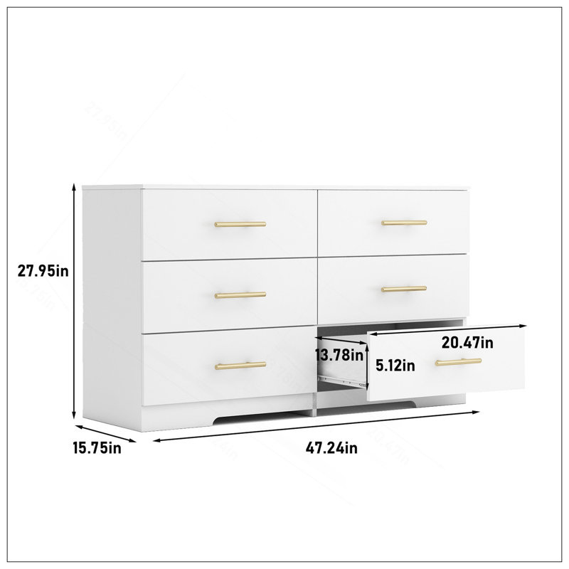 White Color Large 6 Drawers Chest Of Drawer Dressers Table With Golden Handle, White