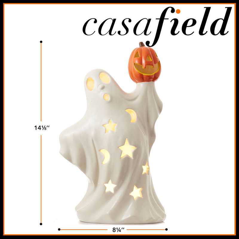 Fantôme d'Halloween en céramique pré-éclairé tenant une citrouille décor peint à la main