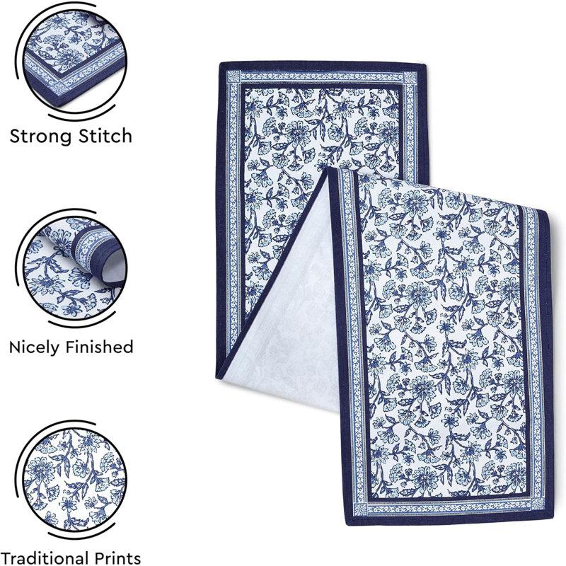 Block Printed Cotton Canvas Table Runner, Blue