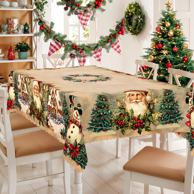 1pc round/rectangular polyester tablecloth, Christmas tablecloth with pine, snowman, truck, embosed edge, Christmas decorations for dining table, festival party holiday table decoration, perfect festival gift