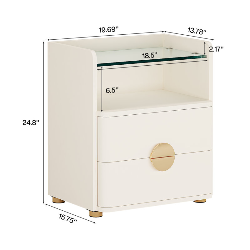 Table de chevet 2 tiroirs en beige, Blanc cassé, 2