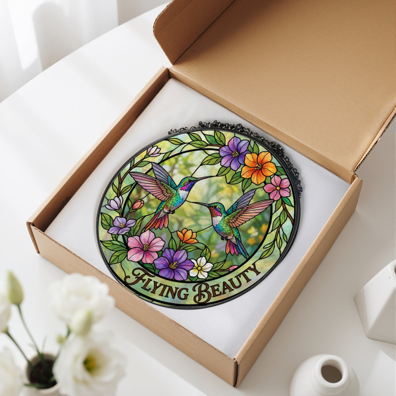Panneau de vitrail à motif de colibri floral 12 po H 12 po, H 12 po x l 12 po