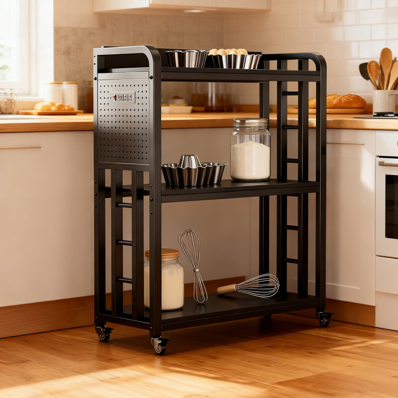 Étagère de boulanger de cuisine avec prise de courant intégrée et panneau perforé, étagère de rangement sur pied à 3 niveaux avec tablettes réglables et roulettes pour le micro-ondes, les appareils électroménagers et l'organisation de la cuisine