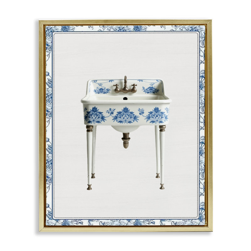 Cadre flottant rétro chinoiserie, évier et lettré, H 21 po x l 17 po, Cadre flottant métallique doré