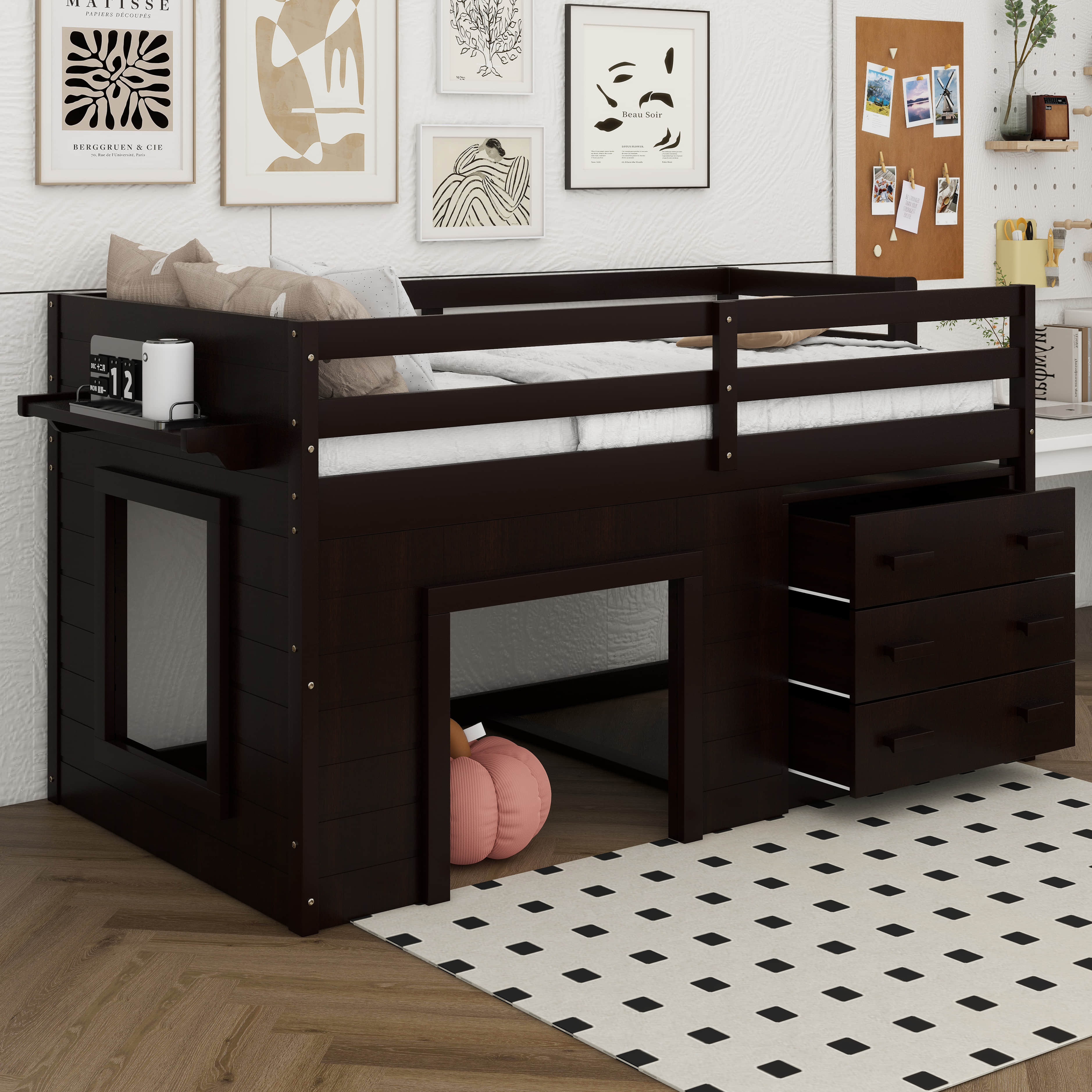 Harriet Bee Low Loft Bed With Storage,Wood Twin Size Loft Bed With ...