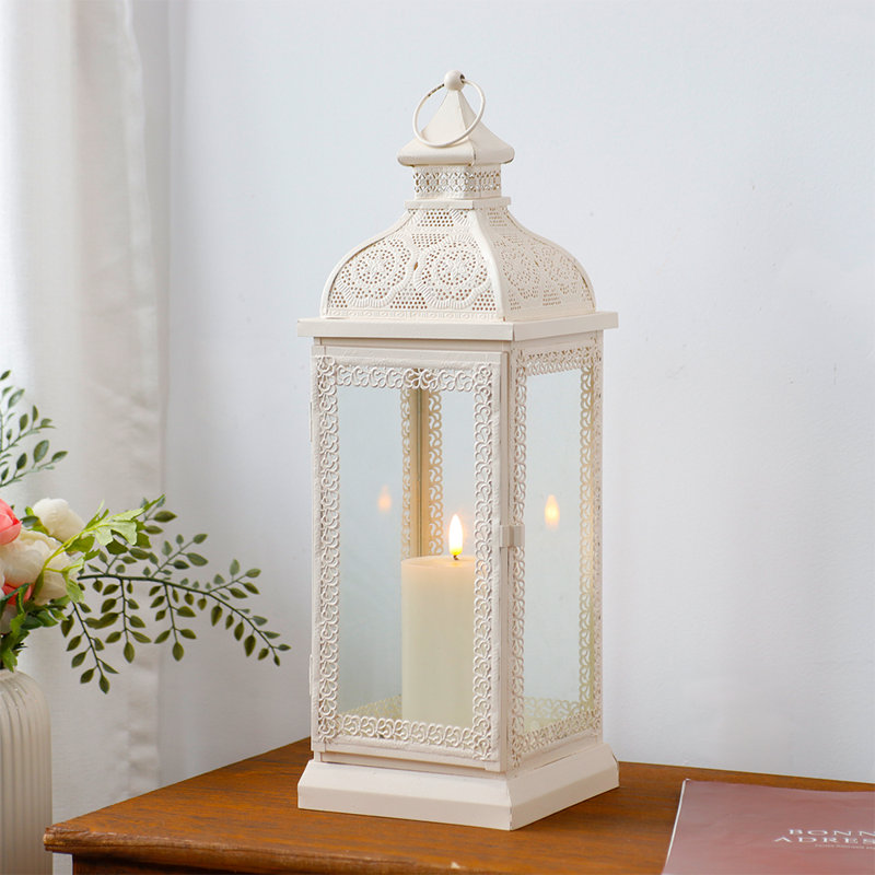 19''H Rustic Style Metal Candle Lantern, Cream