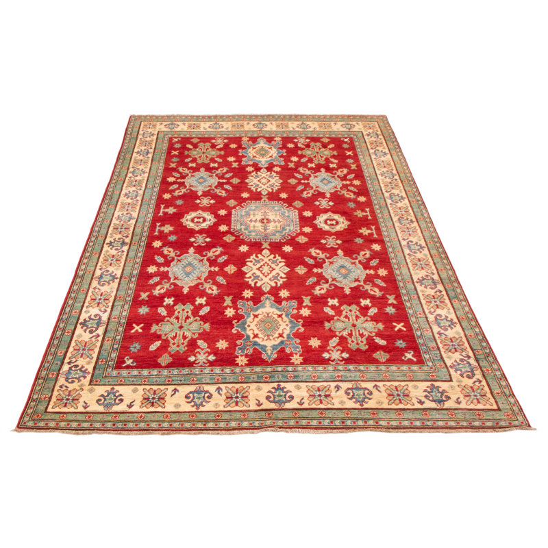 Tapis rouge / beige en laine noué à la main de conception unique 6 pi 7 po x 9 pi 4 po New Age