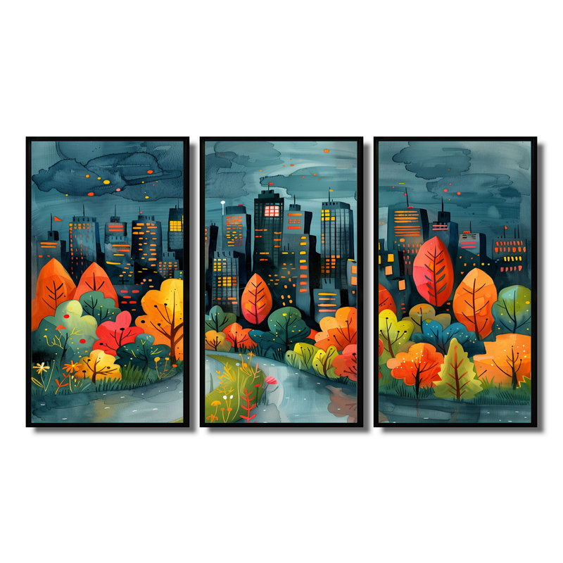 Ensemble de reproductions d'art mural orange et vert Toronto, H 12 po x l 28 po x P 1 po, Toile avec cadre flottant noir