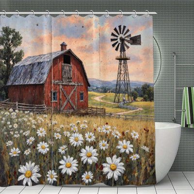 Red Barn & Daisies Shower Curtains, 71 X 71