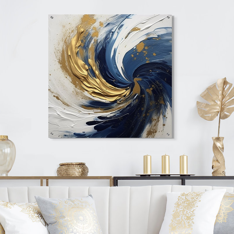 Kutina - art mural en acrylique spirales abstraites en spirale bleu foncé et or pour le salon, H 30 po x l 30 po