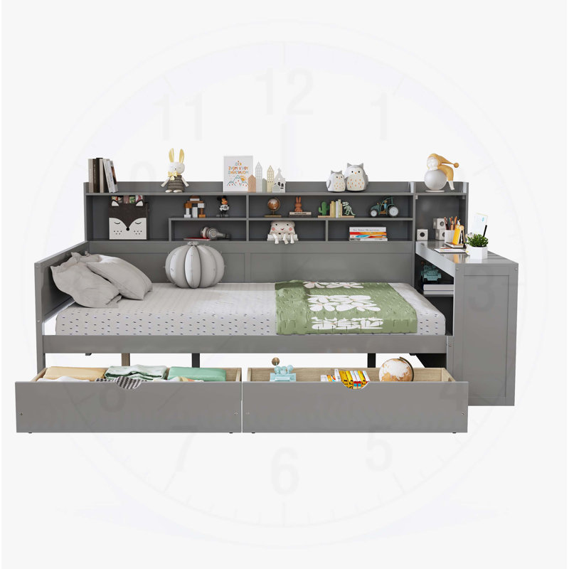 Lit de jour en bois avec tablettes de rangement, tiroirs et bureau d'étude pour une utilisation multifonctionnelle, Gris