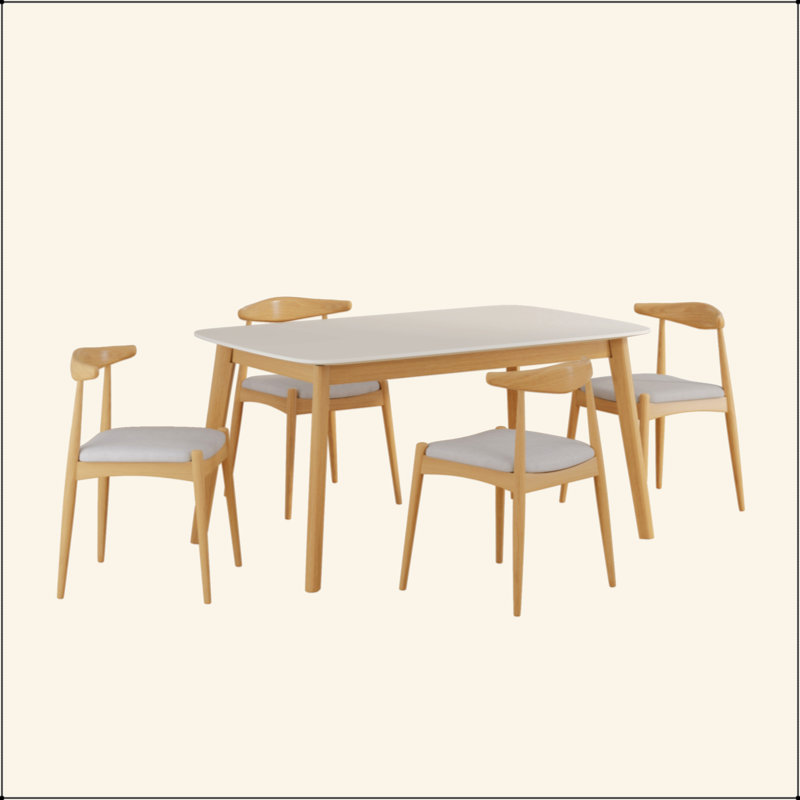 Ensemble de salle à manger 5 pièces de style Mid-Century moderne - table avec cadre en bois massif et 4 chaises rembourrées beiges