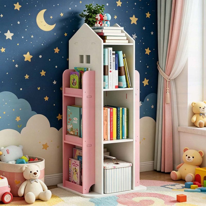 Bibliothèque rotative à 4 niveaux, tablette de présentation à 360 °, durable et sécuritaire pour les chambres d'enfants, assemblage facile, rangement à compartiments multiples