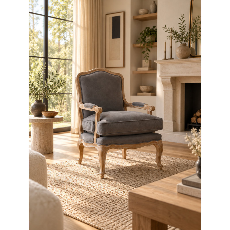 Rodney Modern French-Inspired Upholstered Accent Armchair with Carved Wood Frame – White and Frost, Gray