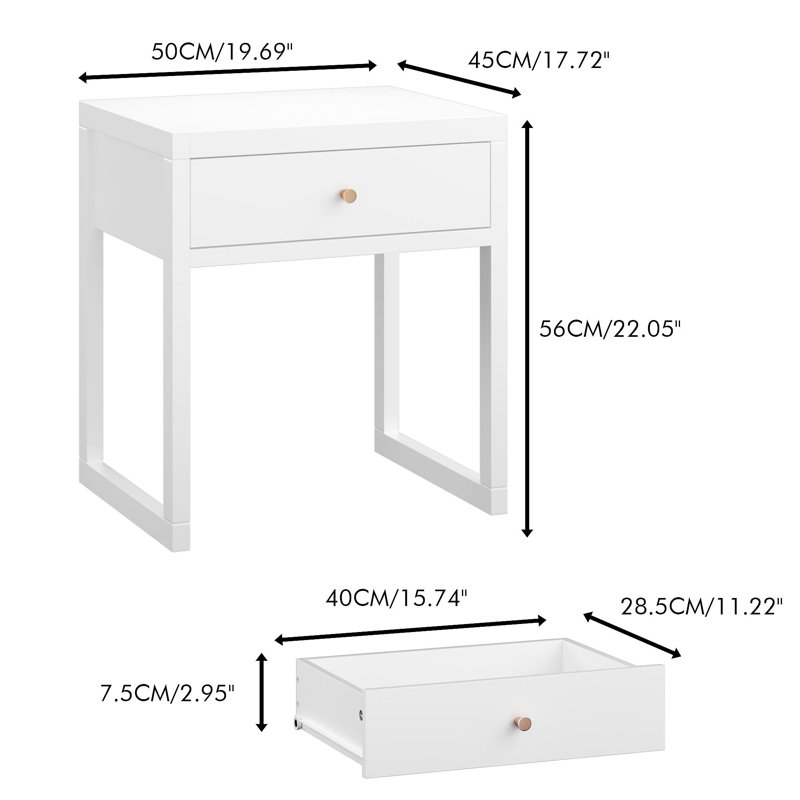 Table de chevet blanche moderne avec tiroir, table de chevet minimaliste avec poignée en bois, table de bout compacte pour chambre à coucher, appartement ou petits espaces, assemblage facile