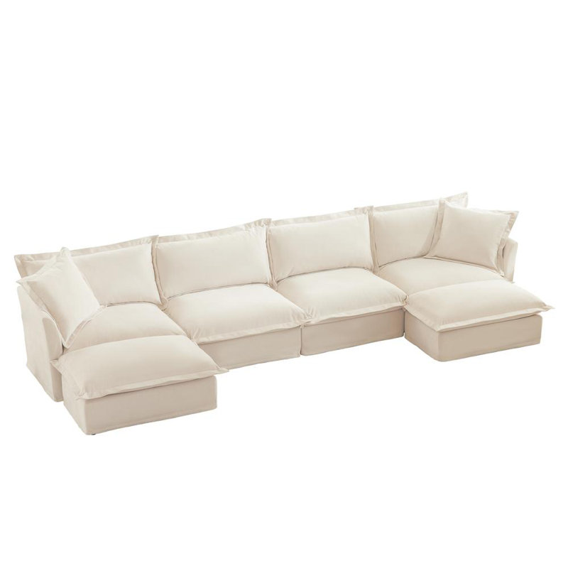 Allendale Slipcovered U-Shape Sectional Sofa, Cream Chenille,  34.6" H x 120" W x 55" D