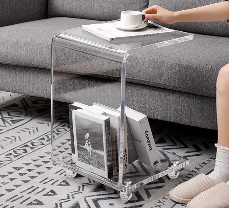Acrylic Sofa Side Table, Snack Table On Wheels,Clear Rolling Table