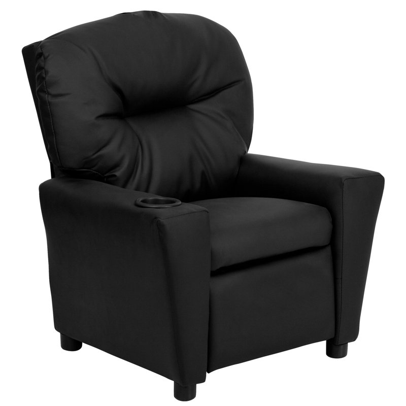 Contemporary Kids Recliner with Cup Holder, Leather - Black
