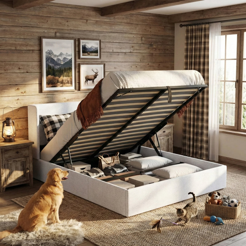 Annek Upholstered Bed Frame with Lift Up Storage, 40.9"H Wingback Headboard, Wood Slats & Metal Frame, Multiple Sizes & Fabric Options Available