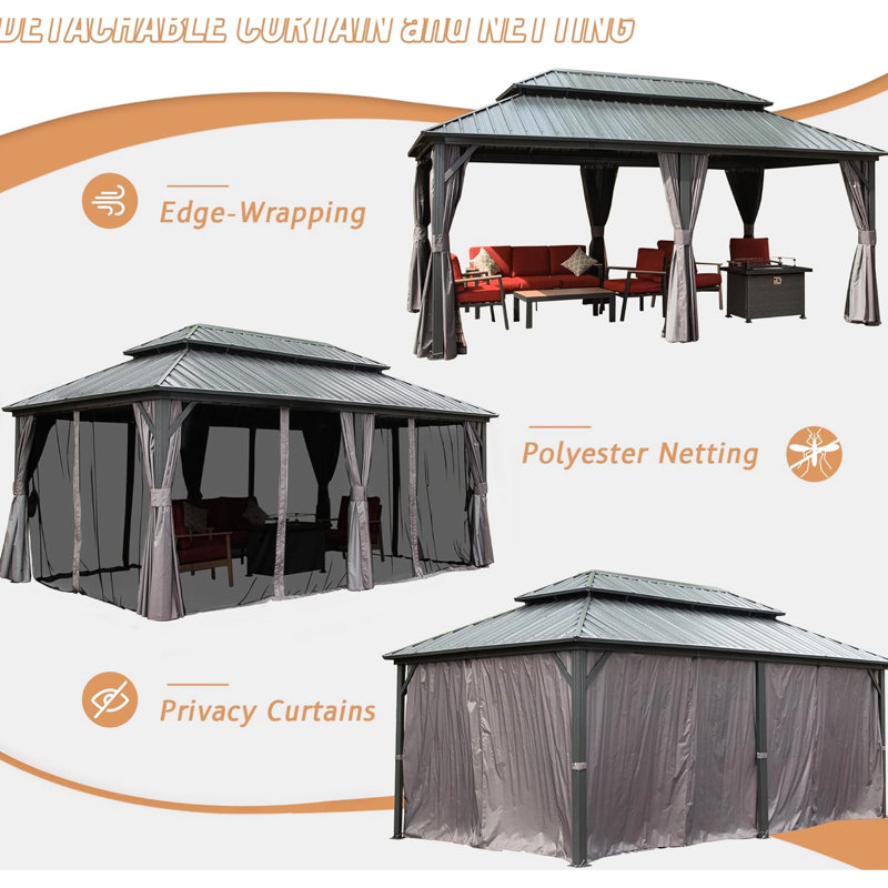 Pavillon de jardin 12 pi x 20 pi, construction, aluminium, acier galvanisé, filet pour double toit de terrasse, pelouse à rideaux