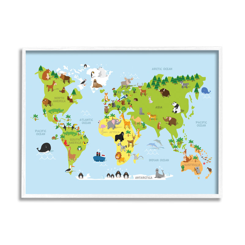 Carte du monde de Fester, H 24 po x l 30 po x p 1,5 po, Giclée encadrée blanc bord de mer