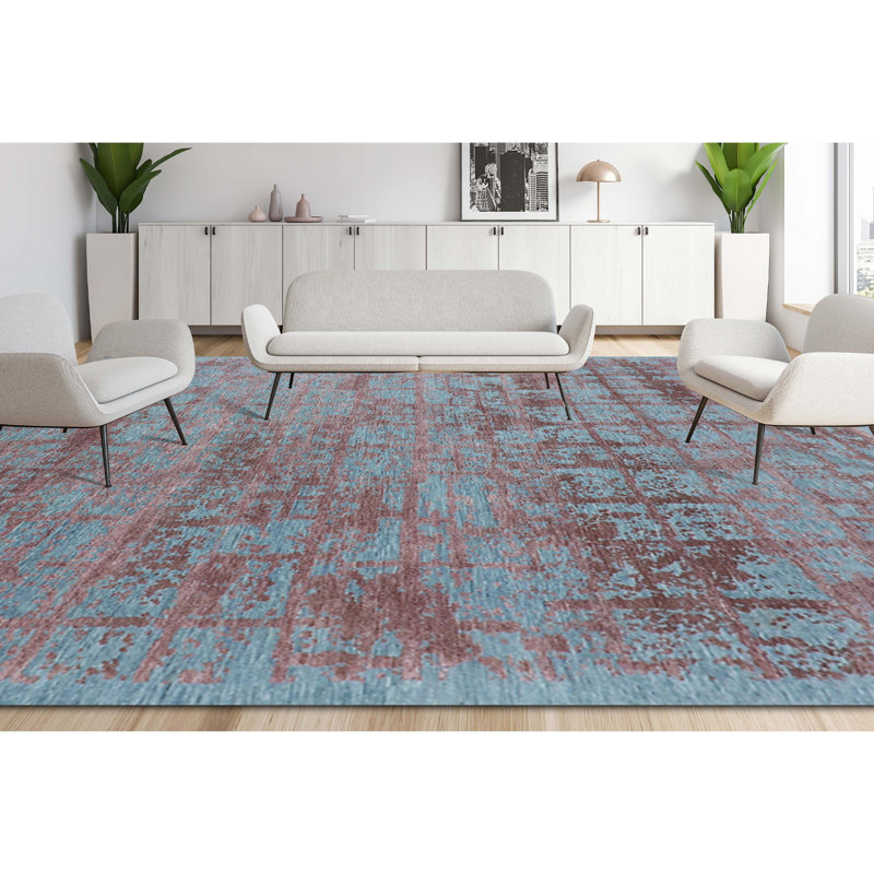 Gingham Area Rug in Blue/Copper, Rectangle 9' x 12'